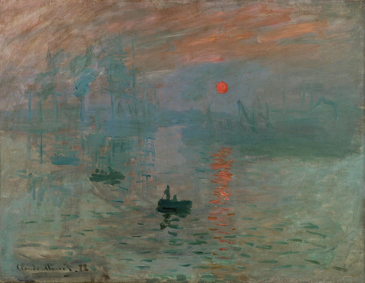 Monet, Impression soleil levant (1872). Broken brushstrokes, visible texture, and light over form, the defining visual markers of Impressionism. Public domain.